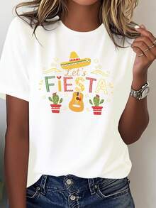 Women's Mexican Festival T-Shirt - Solid Color Short Sleeves With Wide Brim Hat, Maracas, And Cactus Prints - Let's Celebrate With Spanish-Themed Party Outfits, Mariachi Dance Costumes, And Accessories (Machine Washable) Blouses For Women - 白色 - 查看 6
