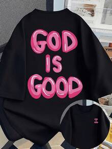 New 2026 Collection: Women's Double-Sided Printed Cotton T-Shirt - Pink Bubble Print With The Phrase "God Is Kind", For Summer And Spring, Women's Clothing, Comfortable And Practical, Short-Sleeved T-Shirt With Round Neck And Loose Fit. - 杏色 - 查看 10