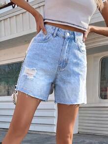 Shorts vaqueros desgastados y rotos de estilo casual Mobula, versátiles para la moda de primavera/verano, cómodos para el uso diario, los viajes y el aeropuerto - Azul - Ver 2