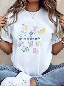 Women's Casual Short Sleeve T-Shirt With Colorful Fruit Print And Phrases, Ideal For Daily Use, Comfortable Fabric, Perfect As A Gift. - 白色 - 查看 7