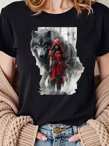 The Giant Wolf And The One In The Depths Of The Jungle - Women's Printed Sports T-Shirt, Fashionable Casual Sporty Style - Breathable, Sweat-Absorbing, Lightweight, Comfortable And Soft - 黑色 - 查看 1