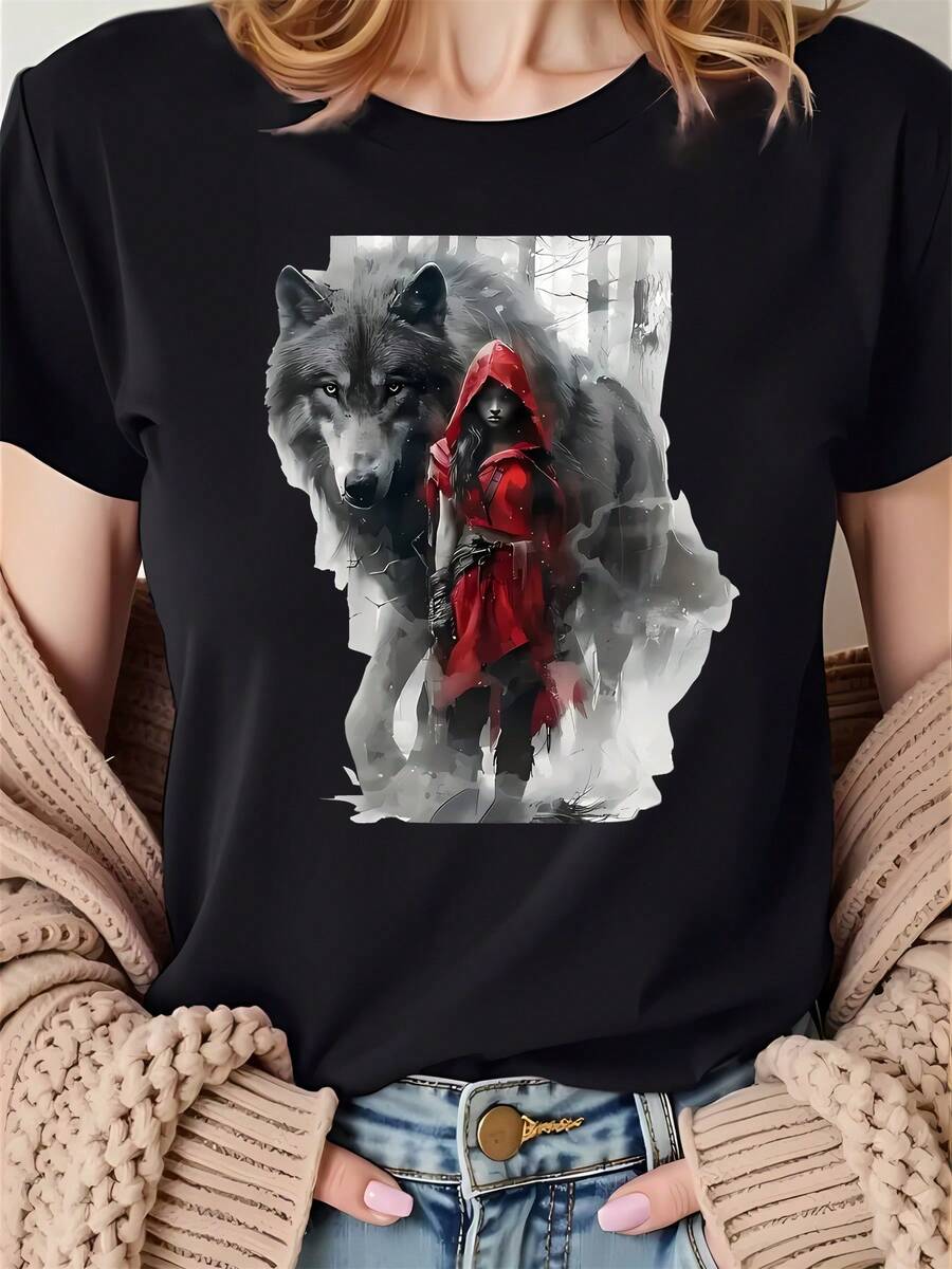 The Giant Wolf And The One In The Depths Of The Jungle - Women's Printed Sports T-Shirt, Fashionable Casual Sporty Style - Breathable, Sweat-Absorbing, Lightweight, Comfortable And Soft - 黑色 - 查看 1