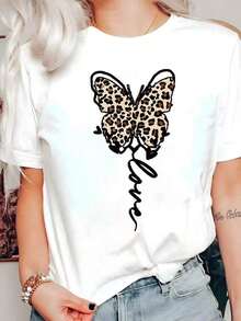 Women's Short-Sleeved, Round-Neck T-Shirt. Features A Print Of Leopard Print, Lettering, Cartoons, Fruits, Flowers, Tropical Plants, And Butterflies. - YH151-白色 - 查看 6