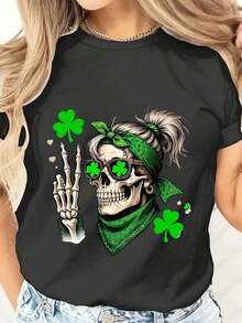 Women's T-Shirt With Skull, Shamrock And Bandana, St. Patrick's Day Theme, Casual Wear, New Arrivals, Gifts For Women - 黑色 - 查看 7