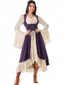 Women's Renaissance Peasant Dress, Pirate Style, Underbust Corset, Asymmetrical (High-Low) Skirt, With Pockets, Medieval Costume, Ideal For Renaissance Fairs, Theme Parties And Cosplay - 紫色 - 查看 6