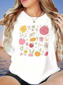 Cool Casual T-Shirt With Floral Fruit And Vegetable Print, Plus Size White T-Shirt For Women, Casual Summer Top With Neckline Design, Women's T-Shirt, Fashionable. - 白色 - 查看 7