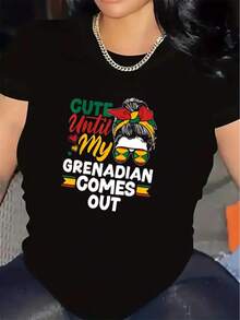 Women's Short-Sleeved T-Shirt With A Cute "Until My Granadan Baby Is Born" Design. | Interesting Cultural Design, Suitable For Casual Wear At Home Or In Restaurants, Lightweight And Durable, Perfect For Everyday Comfort, Crew Neck, Medium-Stretch Fabric. - 黑色 - 查看 1