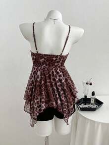 Top de mujer con estampado de leopardo y dobladillo asimétrico con encaje - Rojo - Ver 2