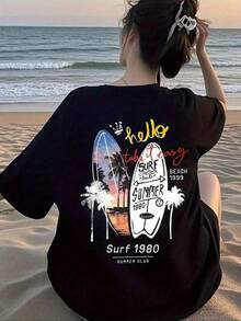 Camiseta negra informal de manga corta con cuello redondo para hombre,Camisetas Para Mujer Camiseta veraniega casual estilo surf tinta gráfica playa verano diseño único moderno color negro para adolescentes y jóvenes talla S/M/L/XL categoría ropa popular - Negro - Ver 1
