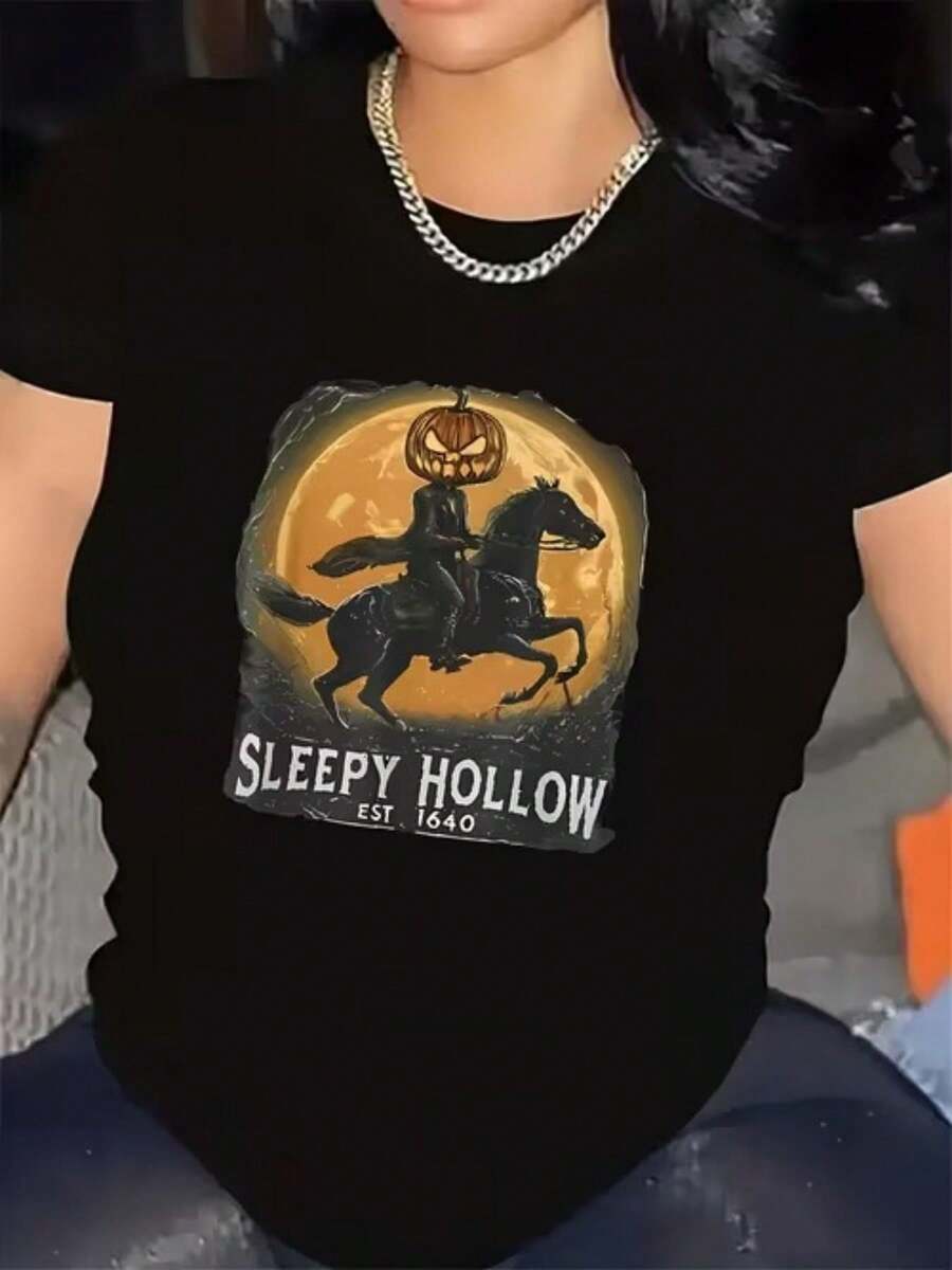 Women's Plus Size Short Sleeve T-Shirt, Summer, Round Neck, Breathable And Printed, With Sleepy Hollow Pumpkin Head Rider Design, Suitable For All Seasons, Simple, For Christmas Gifts, Daily Wear, Very Suitable For Cool Summer. - 黑色 - 查看 1
