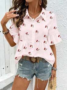 Nueva Camisa de Verano para Mujer con Cuello Blanco Fresco, Estampado de Flores de Cerezo, Mangas Plisadas y Acampanadas, Corte Holgado y Elegante, Blusa Casual Ideal para Viajes de Trabajo, Vacaciones y Ocio. - Rosa - Ver 5