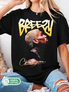 Breezy Signature Portrait Graphic Tee, Black Cotton T-Shirt, R&B Fan Merch - Black - View 6