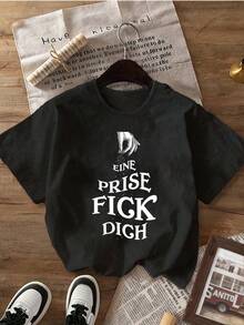 Camiseta de Verano Premium Estampada para Mujer, Talla Grande, Casual, con Estampado de Lema, Cuello Redondo y Mangas Cortas, Diseño Artístico de Dedos en Negro para Verano - Negro - Ver 8