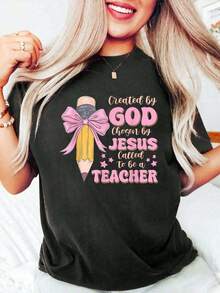 2026 Nuevos productos de gran : Camiseta de mujer con cuello redondo, con la frase "Created By God Called To Teacher - Jesus Christian Teacher", camiseta gráfica de algodón para mujer, de manga corta y cuello redondo, estilo casual. - Negro - Ver 6