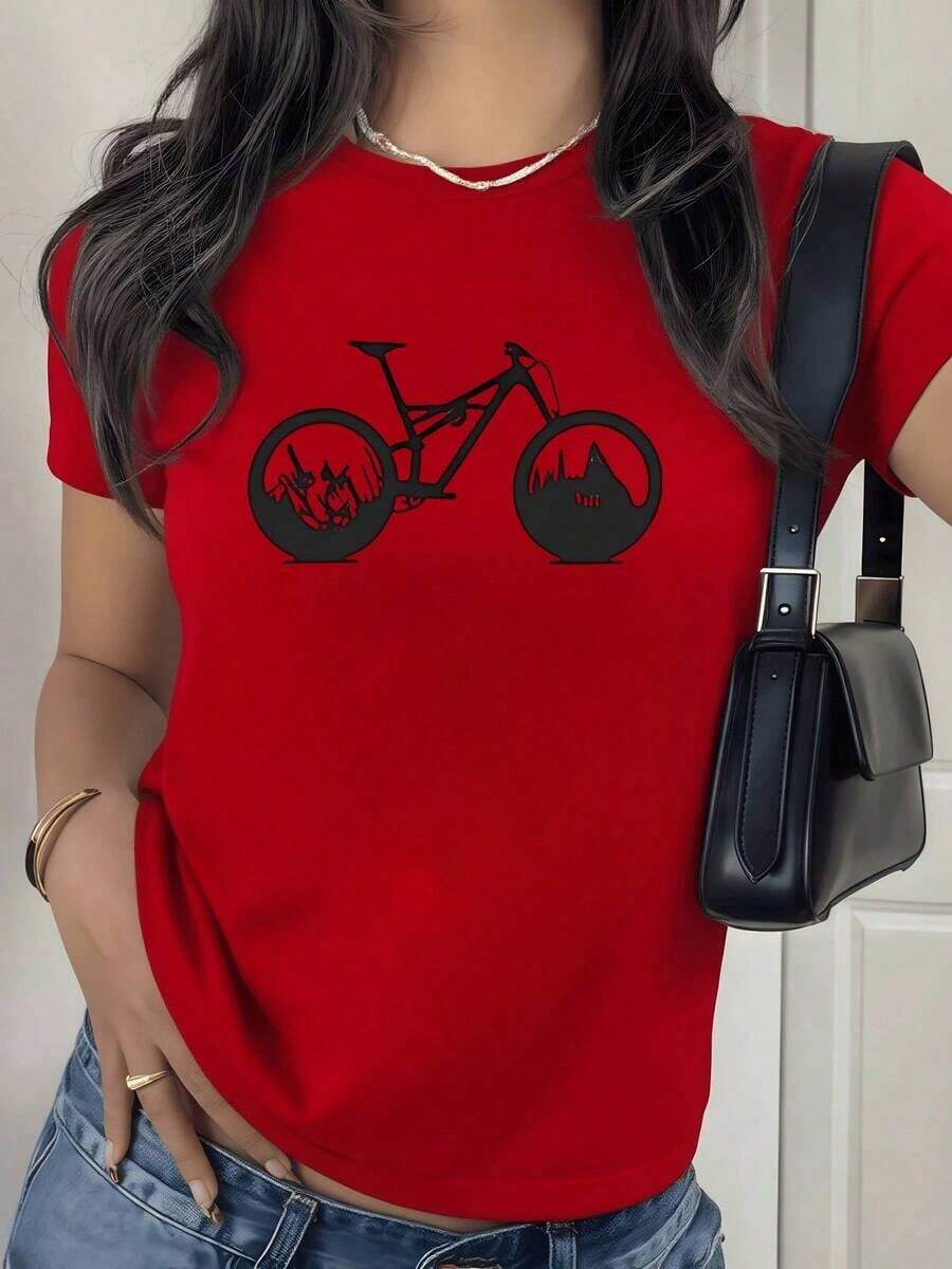 2026 New Cotton Shirt - 100% Cotton. Bicycle Formed By Mountain And Tree Landscapes Symbolizing Freedom And Connection With Nature. Women's T-Shirt, Soft And Comfortable For Everyday Wear. Women's Simple Solid Color Shirt, Loose And Casual Short Sleeve - 紅色的 - 查看 1