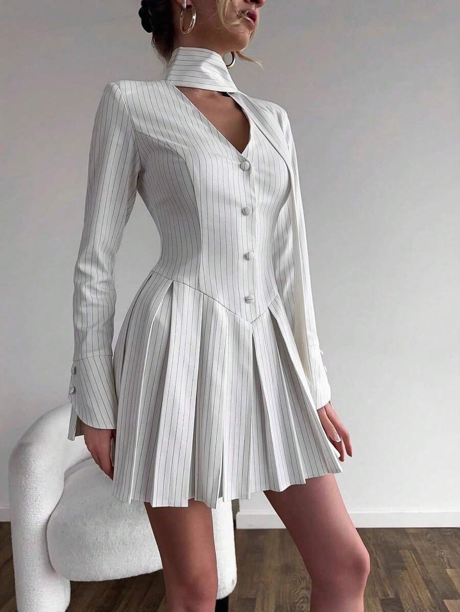 Long-Sleeved Striped Dress With A V-Neck And A-Line Cut, Office Style 2026 - White - View 1