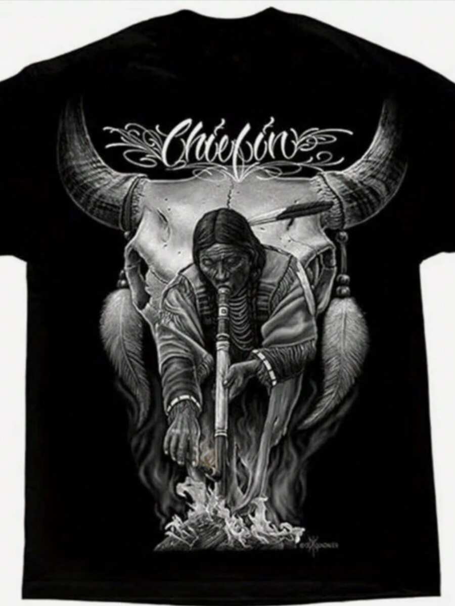 Plus-Size T-Shirt - Men'S Day Of The Dead Art T-Shirt - David Gonzales Inspired Graphic Tee With Chiefin Design, Bull Horns & Feather Motifs, The Howling T-Shirt, Graphic Tee Men, T Shirt For Men, Men Shirt - 黑色 - 查看 1