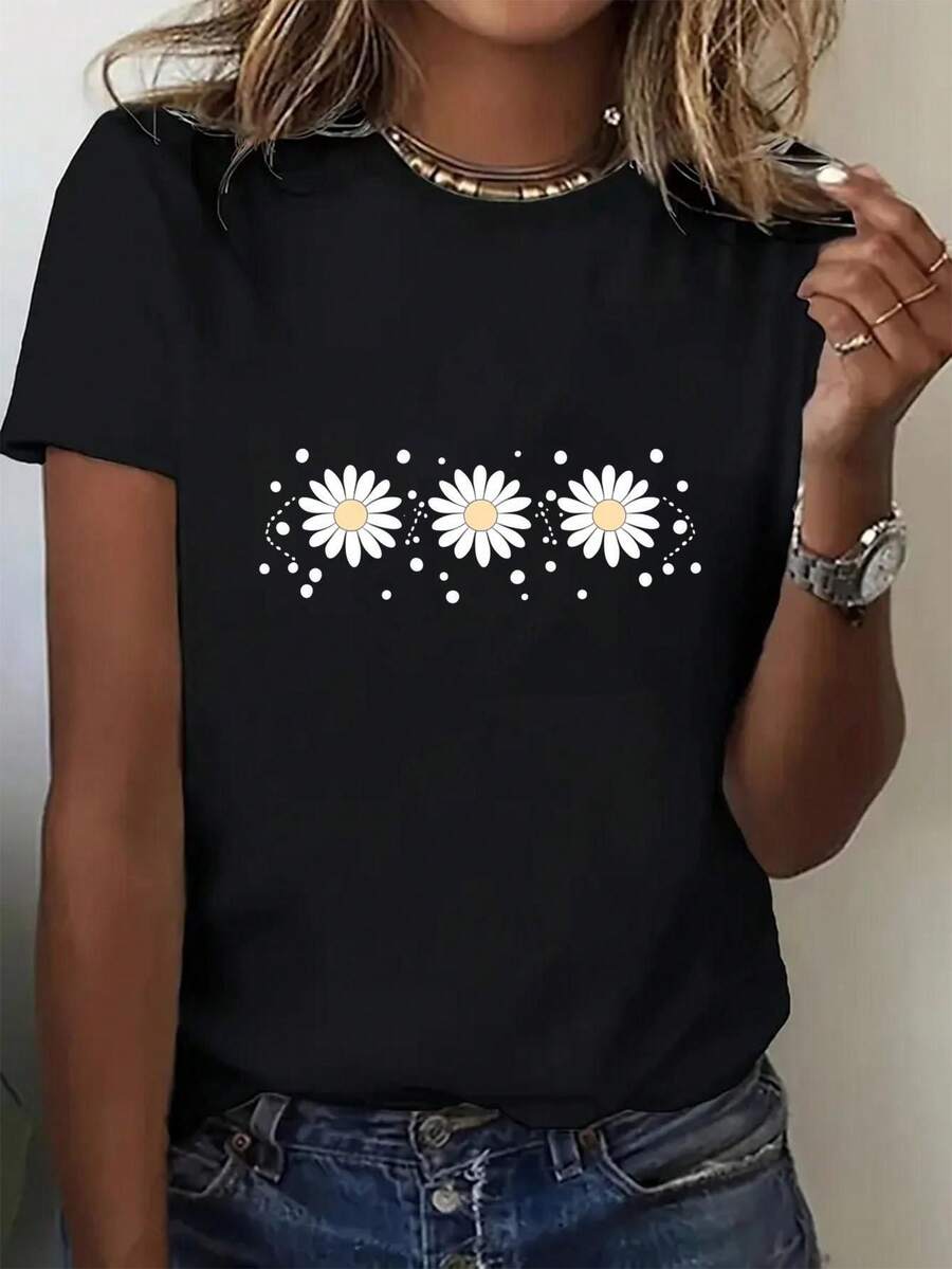 Women's Printed T-Shirt - Casual Short Sleeve Crew Neck T-Shirt In Black, Designed To Highlight Fair Skin Women With Wavy Blonde Hair - Relaxed Fit For All Seasons, Perfect For Daily Wear And Holidays, Machine Washable. - 黑色 - 查看 1