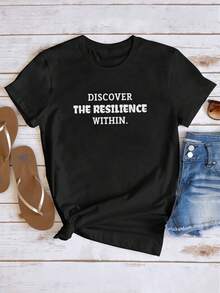 Camiseta Estampada para Mujer - Camiseta Casual de Manga Corta y Cuello Redondo en Negro con Texto Blanco en Negrita, Corte Relajado para Todas las Estaciones, Perfecta para Uso Diario y Vacaciones, Lavable aáquina. - Negro - Ver 6