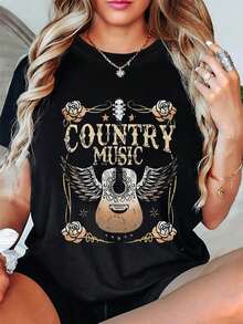 A Women's Crew Neck T-Shirt With A Modern, Casual Print Design Inspired By Country Music Elements Like Guitars, Roses, And Wings. A Casual Women's T-Shirt With A Print, Short Sleeves, And A Crew Neck-Local Urban Fashion For Spring/Summer. - 黑色 - 查看 1