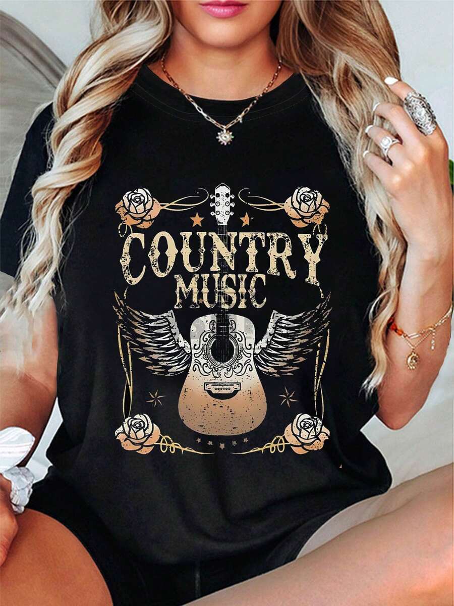 A Women's Crew Neck T-Shirt With A Modern, Casual Print Design Inspired By Country Music Elements Like Guitars, Roses, And Wings. A Casual Women's T-Shirt With A Print, Short Sleeves, And A Crew Neck-Local Urban Fashion For Spring/Summer. - 黑色 - 查看 1