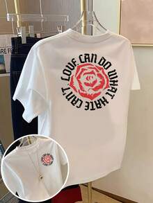 | Exquisite Design | Loose And Comfortable | Easy To Match | Double-Sided Printed T-Shirt, The Power Of Love, Casual Short-Sleeved Round Neck T-Shirt For Women With Rose Print, Skin-Friendly Fabric, Classic Design For Spring And Summer, A Must-Have Fashion Item For Women. - 白色 - 查看 1
