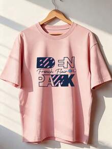 T-Shirt With "DEN PARK" And "French Flair" Text,  Short-Sleeved T-Shirt For Spring And Summer 2026, Made In Mexico, 180 Grams. Cartoon Print, Couple Design, Suitable For Indoor Or Outdoor Wear. Crew Neck, Unisex, Ideal For The Office And Leisure. One-Pack. - PK-P631577SLNDXZGY604 - 查看 1