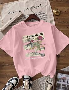 T-Shirt With Rose And Retro Newspaper Design, Fashionable Short-Sleeved T-Shirt For Spring And Summer 2026, Made In Mexico, 180 Grams. Cartoon Print, Couple Design, Suitable For Indoor Or Outdoor Wear. Crew Neck, Unisex, Ideal For Office And Leisure. One-Pack. - PK-P631577SLNDXZGY581 - 查看 4