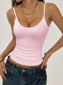 PETITE Camisola sin Mangas con Bajo Arrugado para Mujer, Estilo Casual, Color Sólido - Rosa - Ver 4