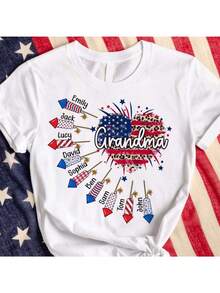 Women's Casual Sports T-Shirt With Patriotic Design - White Elastic Round Neck T-Shirt With Cursive Grandma, Machine Washable, Comfortable Fit For All Seasons, Perfect For Celebrating Pride. - 白色 - 查看 1