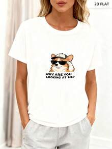 Camiseta Estampada para Mujer con Gráfico de Corgi de Dibujos Animados y Texto - Camiseta Casual de Manga Corta y Cuello Redondo, Corte Relajado para Todas las Estaciones, Perfecta para el Uso Diario y Atuendos de Vacaciones (Lavable aáquina). - Blanco - Ver 1