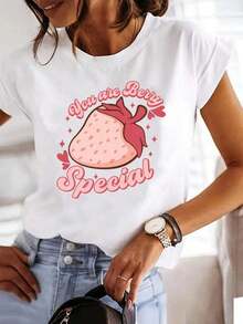 Strawberry Print Camisole, Casual Short-Sleeved Round-Neck Top, Women's Summer And Spring Clothing, Made Of Pure Cotton, Machine Washable. NVYZ Suitable As A Gift. Women's T-Shirt. Blouses > Elegant. Boho Chic. Soft, Breathable, And Comfortable Women's Top, Ideal For Spring, Summer, And Autumn, Perfect For Vacations, Travel, And Everyday Wear. - 白色的 - 查看 7