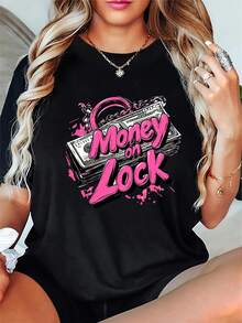 Short-Sleeved, Round-Neck T-Shirt For Spring And Summer With A Letter Print Symbolizing Blocked Money, Designed For Women. - Hitam - View 1