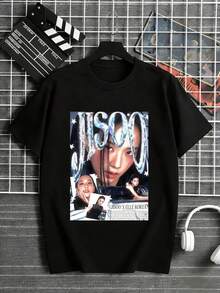 Men's Black T-Shirt, 100% Cotton, 220g Heavyweight Cotton, Featuring An Iconic "Jisoo Elle Korea" Print With A Stunning Portrait And Fashion Magazine Cover Graphics, Perfect For K-Pop Fans And Those Looking For A Unique Fashion Statement. - 黑色 - 查看 1