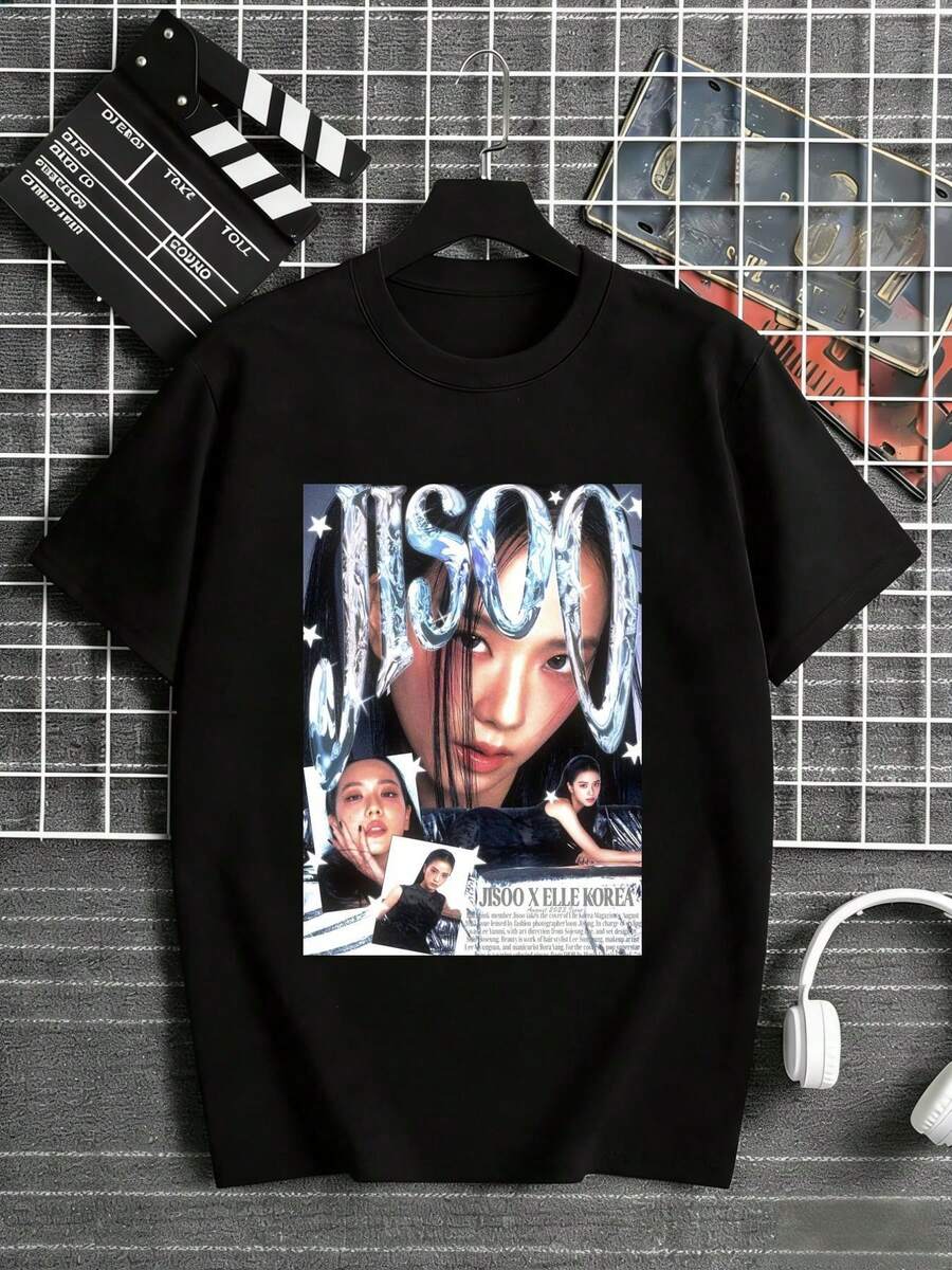 Men's Black T-Shirt, 100% Cotton, 220g Heavyweight Cotton, Featuring An Iconic "Jisoo Elle Korea" Print With A Stunning Portrait And Fashion Magazine Cover Graphics, Perfect For K-Pop Fans And Those Looking For A Unique Fashion Statement. - 黑色 - 查看 1