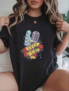 100% Algodón Premium 180g : Camiseta rockera con diseño de guitarra y micrófono vintage, estilo único para amantes de la música, camiseta casual de algodón adecuada para mujeres, disponible en color negro y en varias tallas, ideal para conciertos y festivales, camiseta femenina rock and roll en .. Ropa de Moda Casual Suave y Transpirable para Diario - Negro - Ver 6