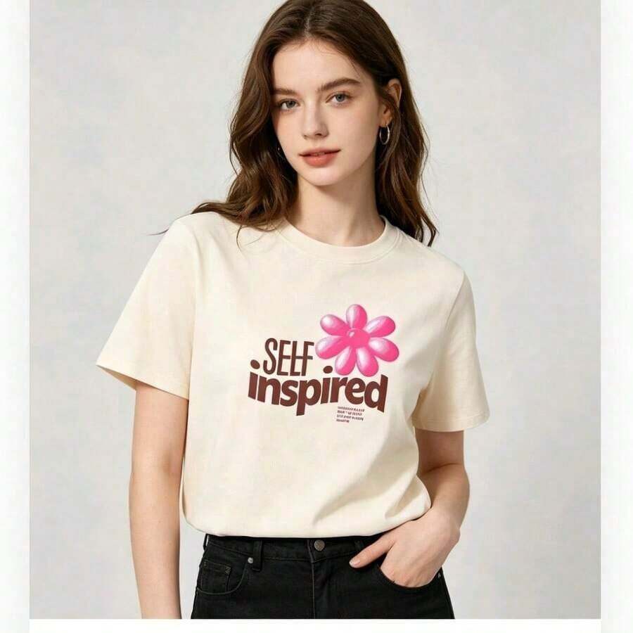 Women's Summer Outfits, Short Sleeve T-Shirt With Feminine Print, Sweet And Fresh Style, Casual, Thick Cotton, 100% Cotton - 杏色 - 查看 1