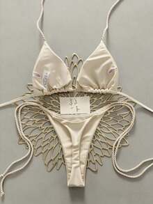 2 piezas Conjunto de traje de baño para mujer, Bikini verde menta con decoración de cuerda hecha a mano - Albaricoque - Ver 3