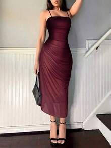 Vestido de tirantes de malla degradado elegante para mujer, de verano - Burdeos - Ver 6