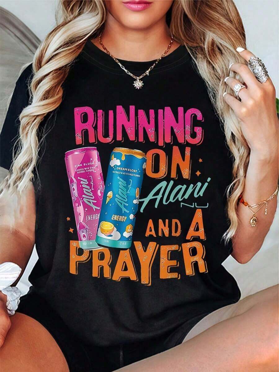 Camiseta de mujer On Alani & A Prayer - Compatible con la marca Drink, top casual de verano de manga corta y cuello redondo, con eslogan de oración, blusa de primavera para mujer (lavable a máquina) blusa casual mujer playeras de mujer algodón - Negro - Ver 1