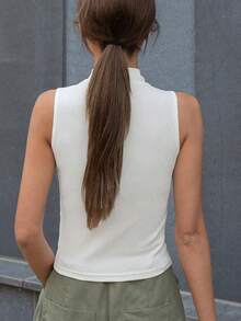 Camiseta de mujer de cuello alto, de unicolor, con ajuste ceñido y mangas cortas, de estilo casual - Blanco - Ver 2