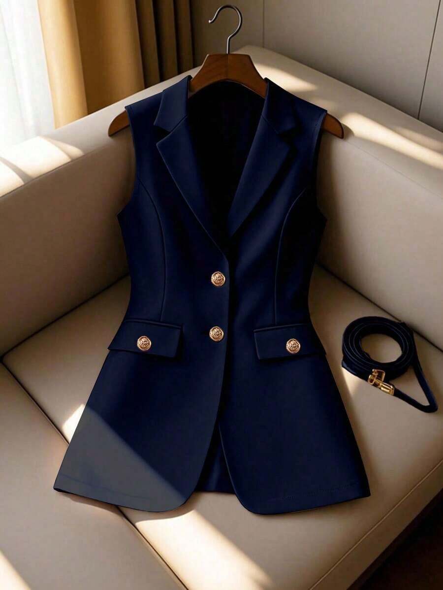 Blazer sin mangas de alta calidad para mujer, profesional para ir al trabajo - Azul marino - Ver 1