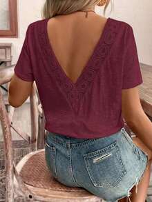 Top con espalda al descubierto y encaje entrelazado, camiseta, blanco imprescindible, conjunto de verano, imprescindible de la temporada de bodas, estilo francés - Burdeos - Ver 3