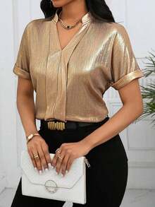 Camisa de solapa brillante para ropa de fiesta de vacaciones - Dorado - Ver 6