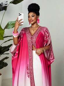 Vestido maxi con cuello en V, mangas tipo murciélago y botones para mujer talla grande, de primavera/verano, estilo bohemio, elegante y lujoso, relajado y vintage, para usar en la playa, con estampado geométrico degradado, cómodo y holgado tipo kaf - Multicolor - Ver 4