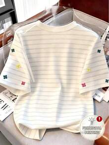 Camiseta de mujer con cuello redondo, estampado de rayas y bordado floral de contraste - Multicolor 4 - Ver 2