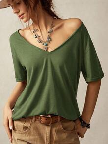 Camiseta casual de mujer de manga corta y cuello en V de unicolor holgada - Verde militar - Ver 2