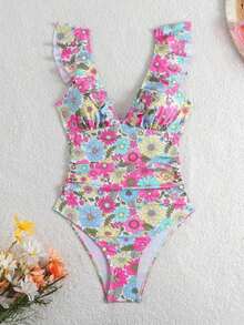 Swim Vcay Traje de baño de una pieza con volantes y lazo con estampado floral diminuto para mujer, traje de baño de una pieza para verano y vacaciones en la playa - Multicolor - Ver 6