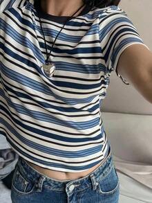 Camiseta de mujer de manga corta, cuello redondo y rayas, informal, para otoño - Azul y blanco - Ver 1