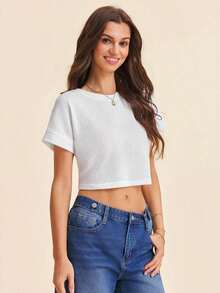 Camiseta corta de manga de murciélago color rosa sólido de primavera - Blanco - Ver 6